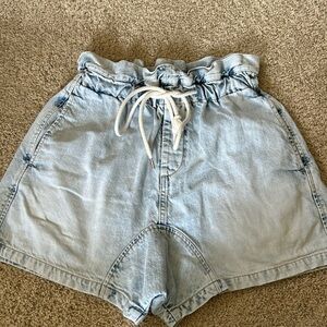 Bassike High waisted light wash paper bag denim shorts